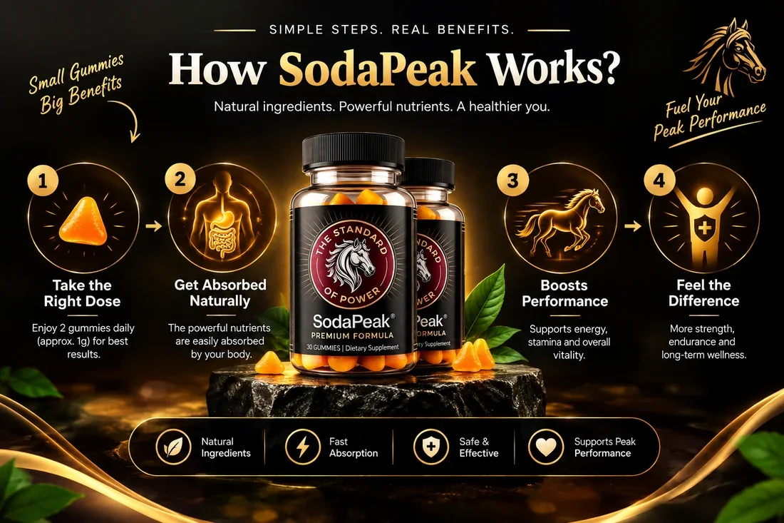 Infographic: how SodaPeak works in four steps, from taking the right dose to feeling the difference