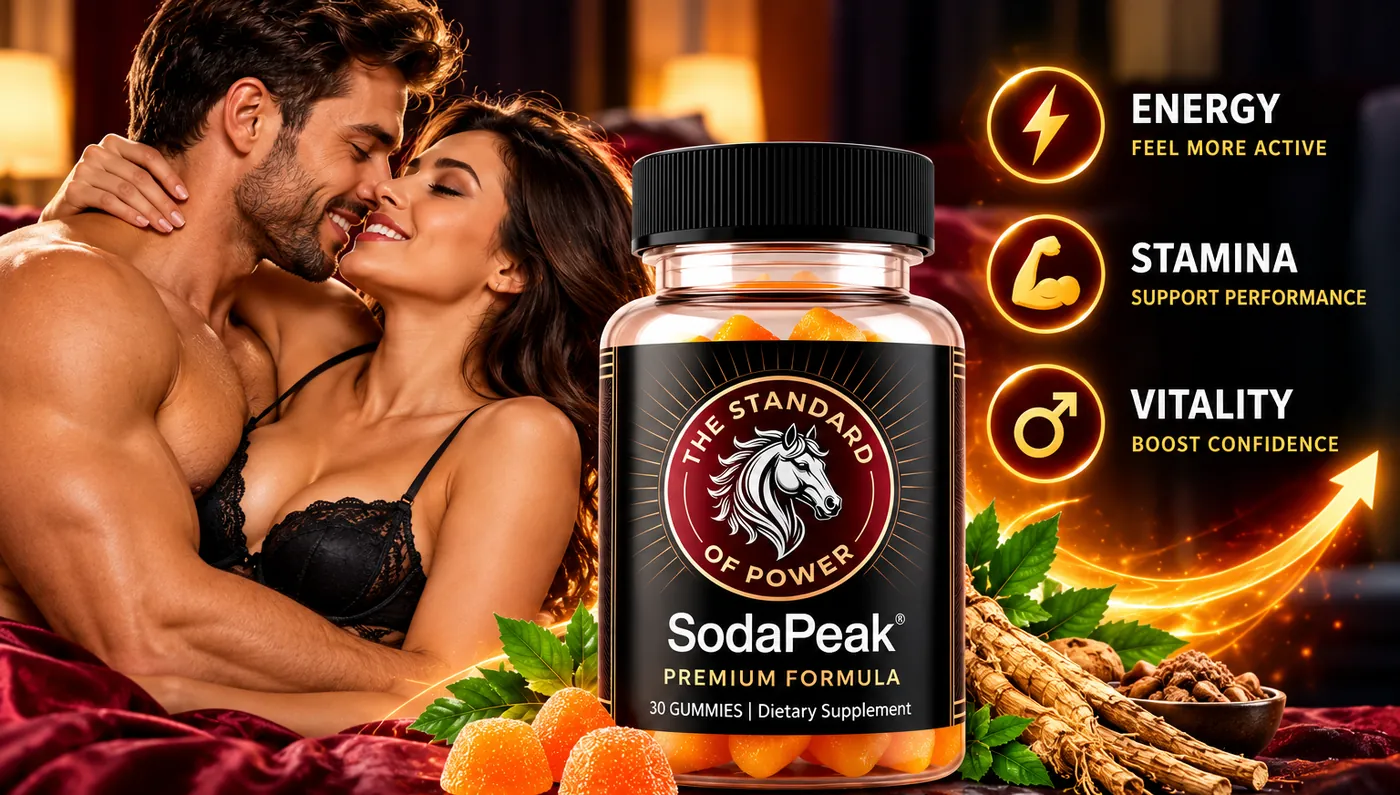 A couple at home beside a bottle of SodaPeak gummies, with energy, stamina and vitality icons